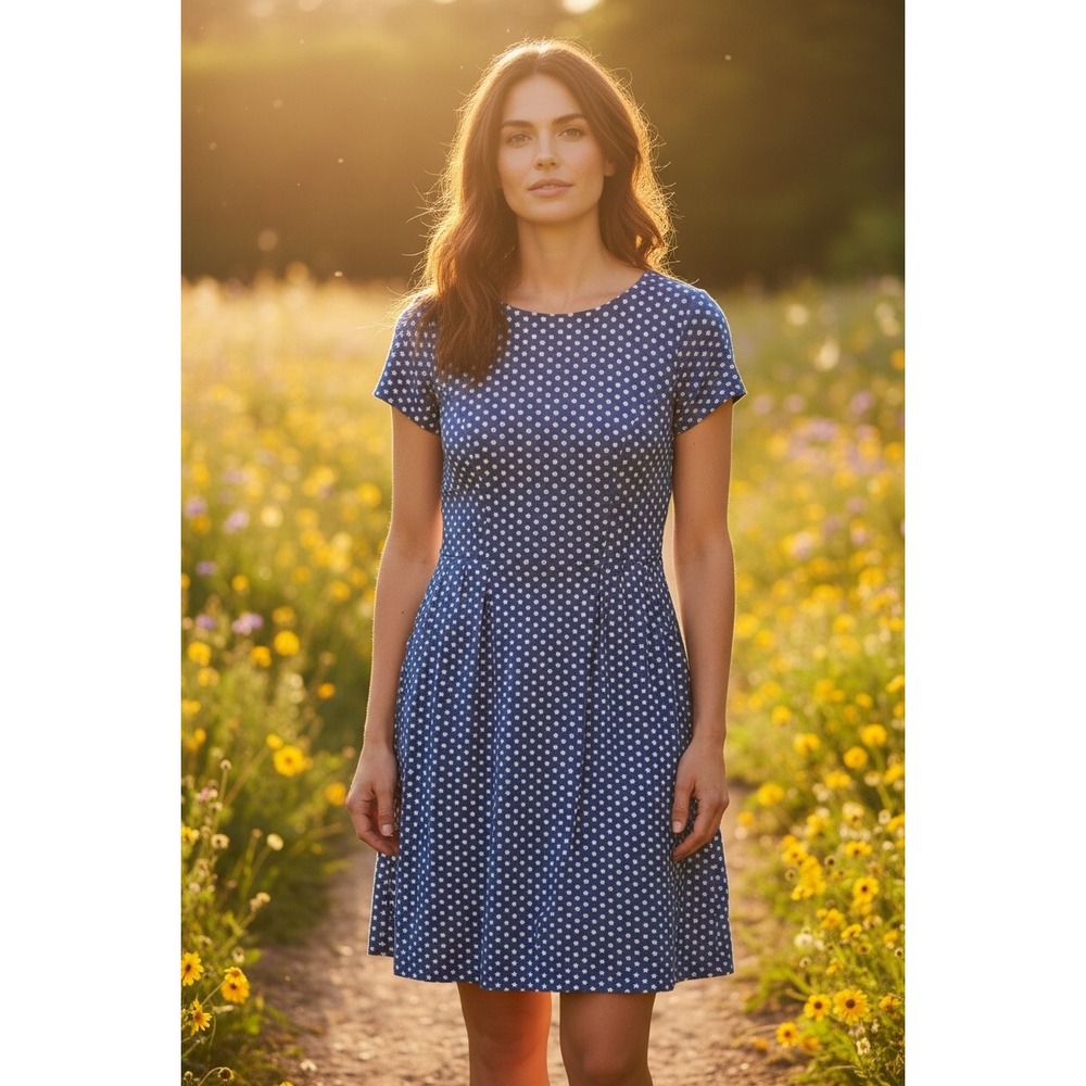 Boden Phoebe Jersey Dress Blue Daisy Floral Size 8 Short Sleeve Pockets
